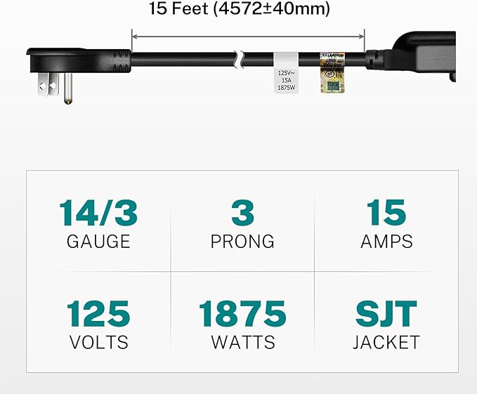 FIRMERST 1875W 15 Feet Extension Cord 14 AWG 15A Flat Plug Black