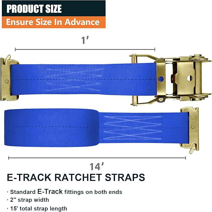 8Pack E-Track Straps Ratchet Etrack Strap Box Truck Strap Tie Down Heavy Duty 2" x15' 4400lbs Breaking Load, 2200 Working Load E-Track Accessories Blue