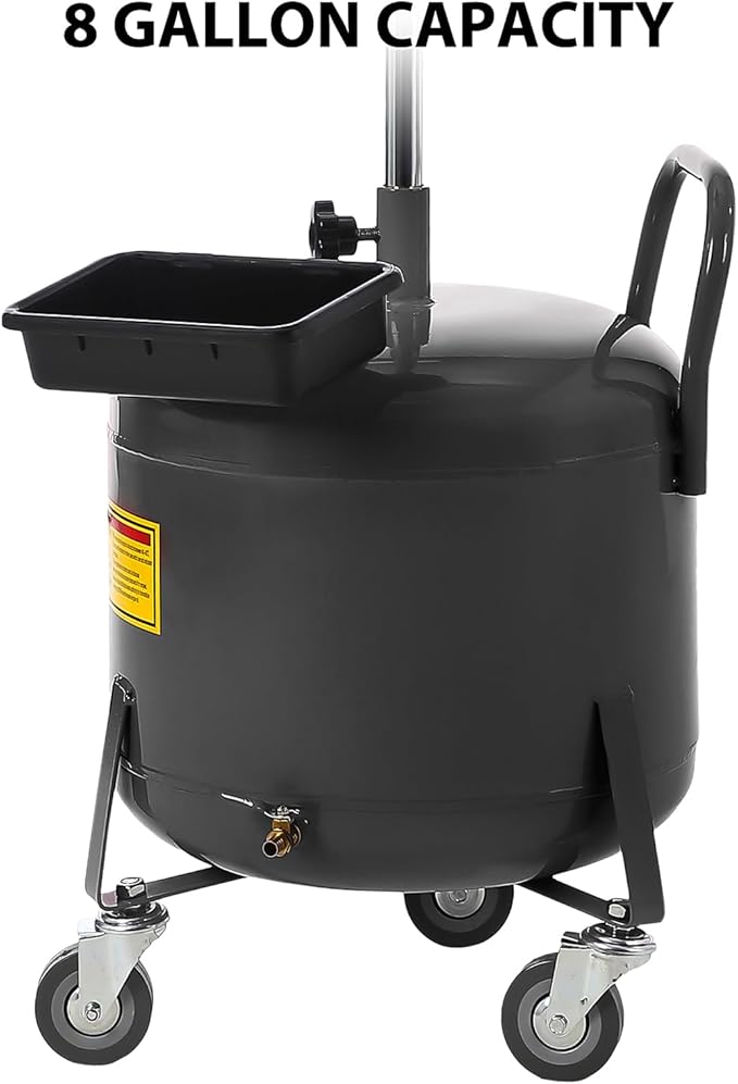 20 Gallon Oil Drain Tank, Fluid Fuel Transfer Tank, Portable Oil Drain Container, Air Operated Drainer with Wheels and a Toolbox, Adjustable Funnel Height (8 Gallon-Black)