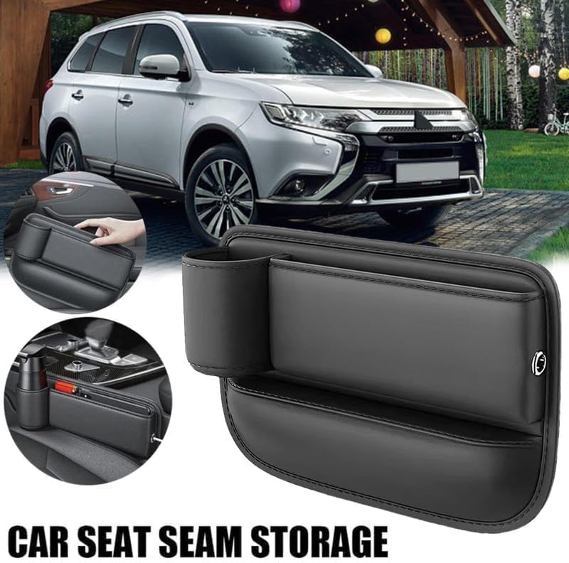 Car Leather Cup Holder Gap Bag,2026 Upgrade Car Storage Box with Cup Holder,Seat Storage Box Gap Filler Organizer for Glasses Phone Keys and Cards (Black, Driver's Seat)