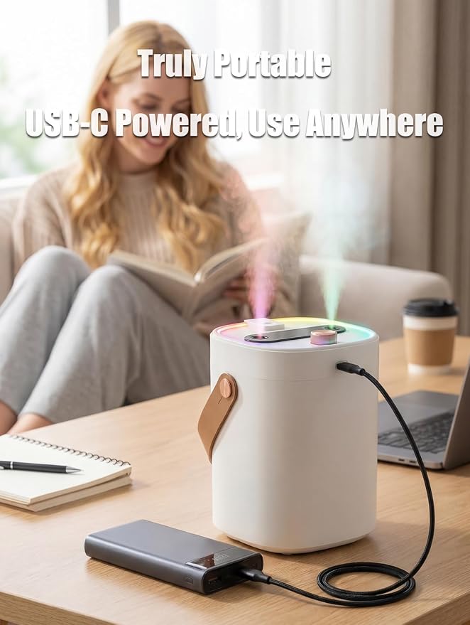Humidifier for Bedroom, 2L Cool Mist Humidifier with Essential Oils Diffuser and Nightlight, Top Fill Humidifiers for Home, Auto Shut-Off, Carry Handle, Quiet Easy to Fill & Clean for Home