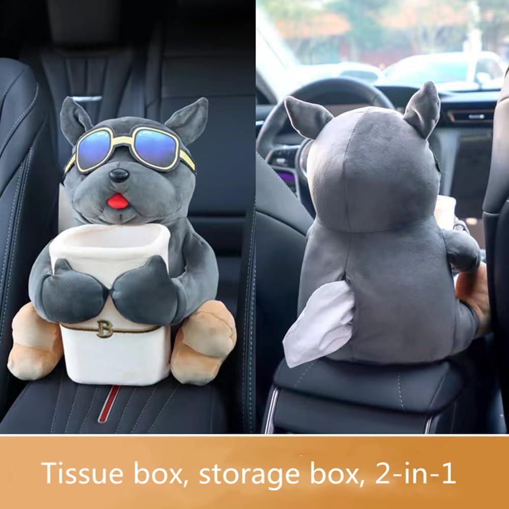 Multifunctional Deluxe Trash Can and Storage Box, Cute Tissue Box, Creative Animal Cartoon Decorative Organizer for Car and Home, Dog, Grey