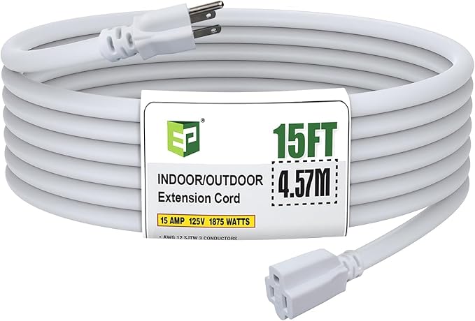 EP 12/3 15 FT Indoor Outdoor White Extension Cord Waterproof, 12 Gauge 3 Prong Power Cord Flexible Resistant Appliance Extension Cable Electric Cable Outside, 15A 1875W 12AWG SJTW, ETL Listed