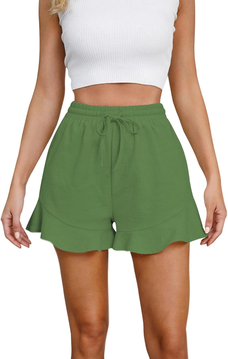 Skiennix Cotton Ruffle Athletic Shorts - High Waist, Stretchy Casual Summer Pants for Women