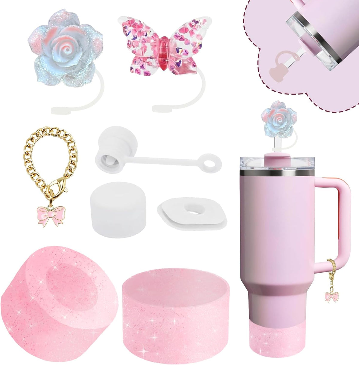 Stanley Cup Accessories Set - 2 Straw Covers, Silicone Stopper & Cute Maple Handle Charm | Fits 40 & 30 Oz Tumblers (Peony 2.0)