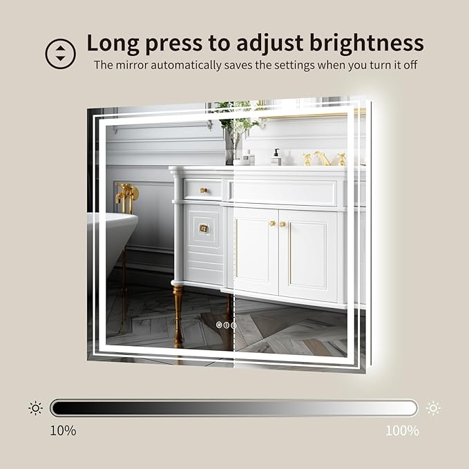 WTTY LED Bathroom Mirror 32"x32" with Backlit and Front Light,Stepless Dimmable LED Mirror for Bathroom,Anti-Fog Lighted Bathroom Vanity Mirror Modern for Wall,Memory Function,Shatter-Proof