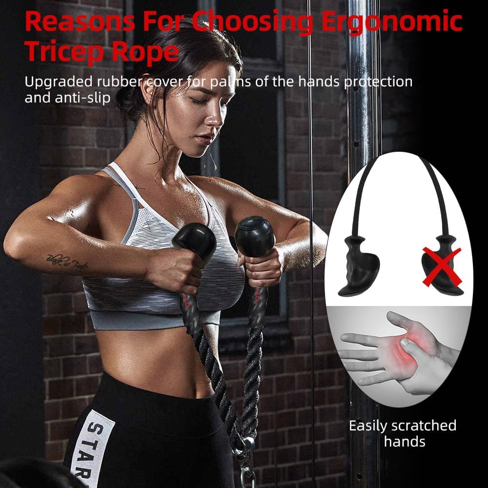 Tricep Rope | 35-Inch Cable Attachment with Upgraded Rubber Handles for Enhanced Grip & Motion