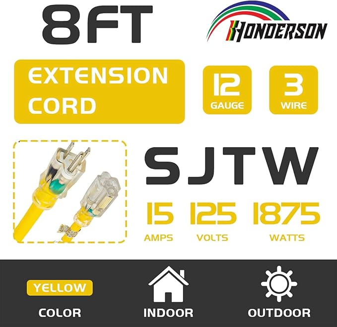 Indoor Outdoor Extension Cord Weatherproof with Lighted End, UL Certified, 12 Gauge 8FT Yellow 3 Prong Heavy Duty, 12/3 SJTW 15A Power Cord for Outdoor Lights, Lawn