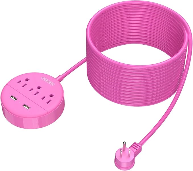 Pink Extension Cord 25ft, NTONPOWER Flat Plug Power Strip with Long Extension Cord, 3 Outlet 2 USB Compact Desktop Charging Station Wall Mount for TV Living Room, Dorm, Office and Nightstand