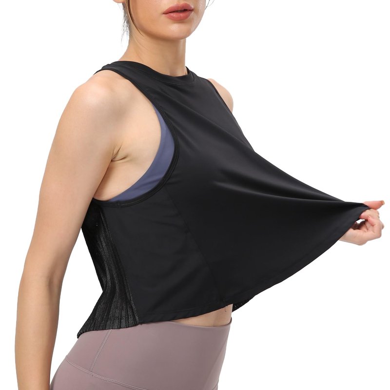 Women's Pleated Cropped Sports Tank Tops Sleeveless Running Workout Tops Active Yoga Tops Shirts(Black,8)