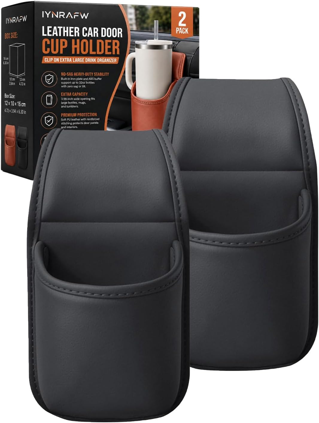 Leather Car Door Cup Holder Clip on Extra Large Drink Organizer 2 Pack