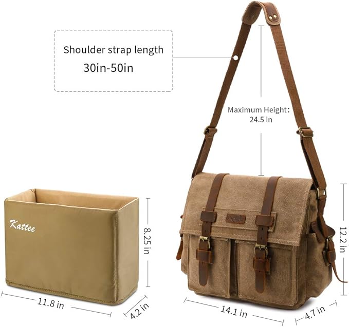 Kattee Leather Canvas Camera Bag Vintage DSLR SLR Messenger Shoulder Bag