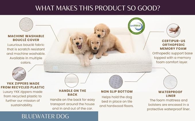Luxury Boucle Orthopedic Memory Foam Dog Bed with Waterproof Liner and Machine Washable Cover with YKK Zippers (Small, 29" L x 23" W x 6" Th, Cloud)