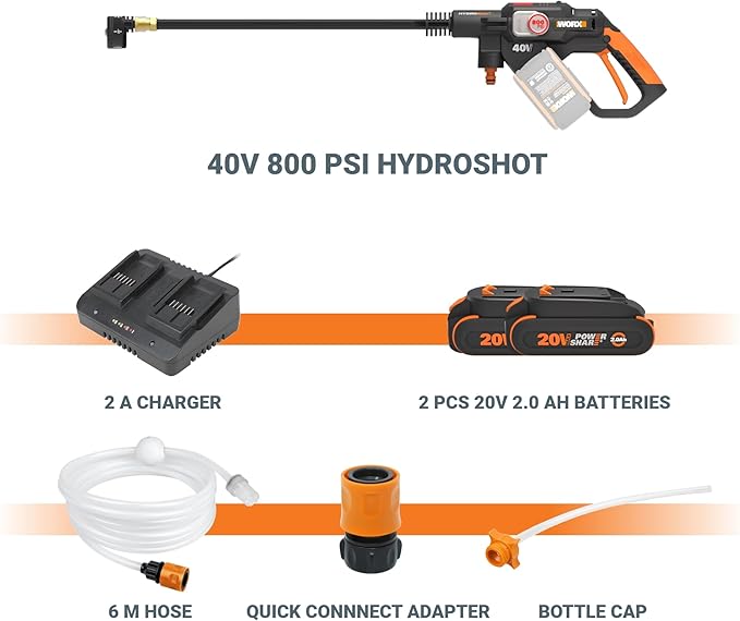 WORX 40V PowerShare Hydroshot, 800 PSI Brushless Portable Power Cleaner, 5-in-1 Nozzle Power Washer, Pressure Washer- WG647