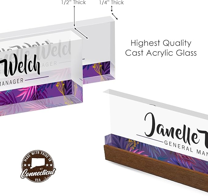 Artblox Personalized Office Desk Name Plate and Business Card Holder | Clear Acrylic Glass with Teak Wood Stand | Purple Stripe Design Customized with Your Name and Credentials Office Desk Décor