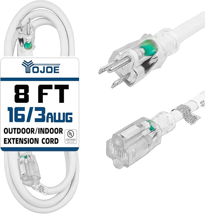 YOJOE Indoor Outdoor Extension Cord with Lighted End, 3 Prong 13A Weatherproof Power Cord, 16 Gauge Heavy Duty 8 ft White Extension Cord for Garage, Garden and Home, 16/3 SJTW UL Listed