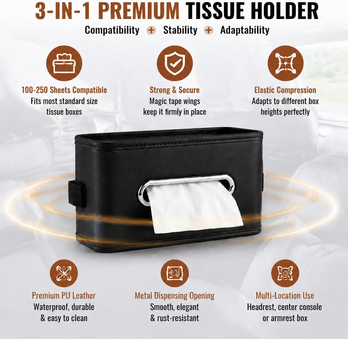 Large Car Tissue Holder Premium PU Leather Organizer Fits 100–250 Count