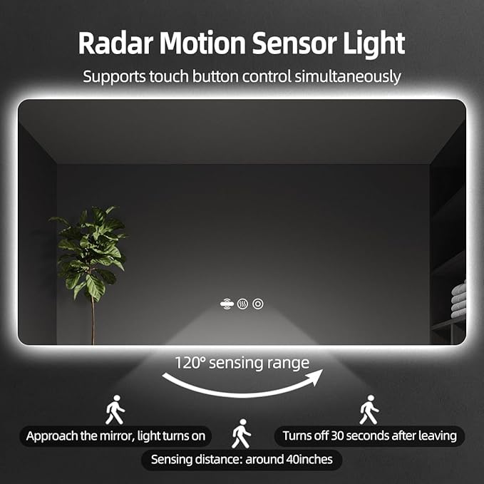 42 x 36 LED Bathroom Mirror, Frameless Rounded Corner Rectangle Backlit Mirror Bathroom, Anti-Fog, 3-Color Stepless Dimmable Lighted Mirror, Motion Sensor Lights, Memory Function