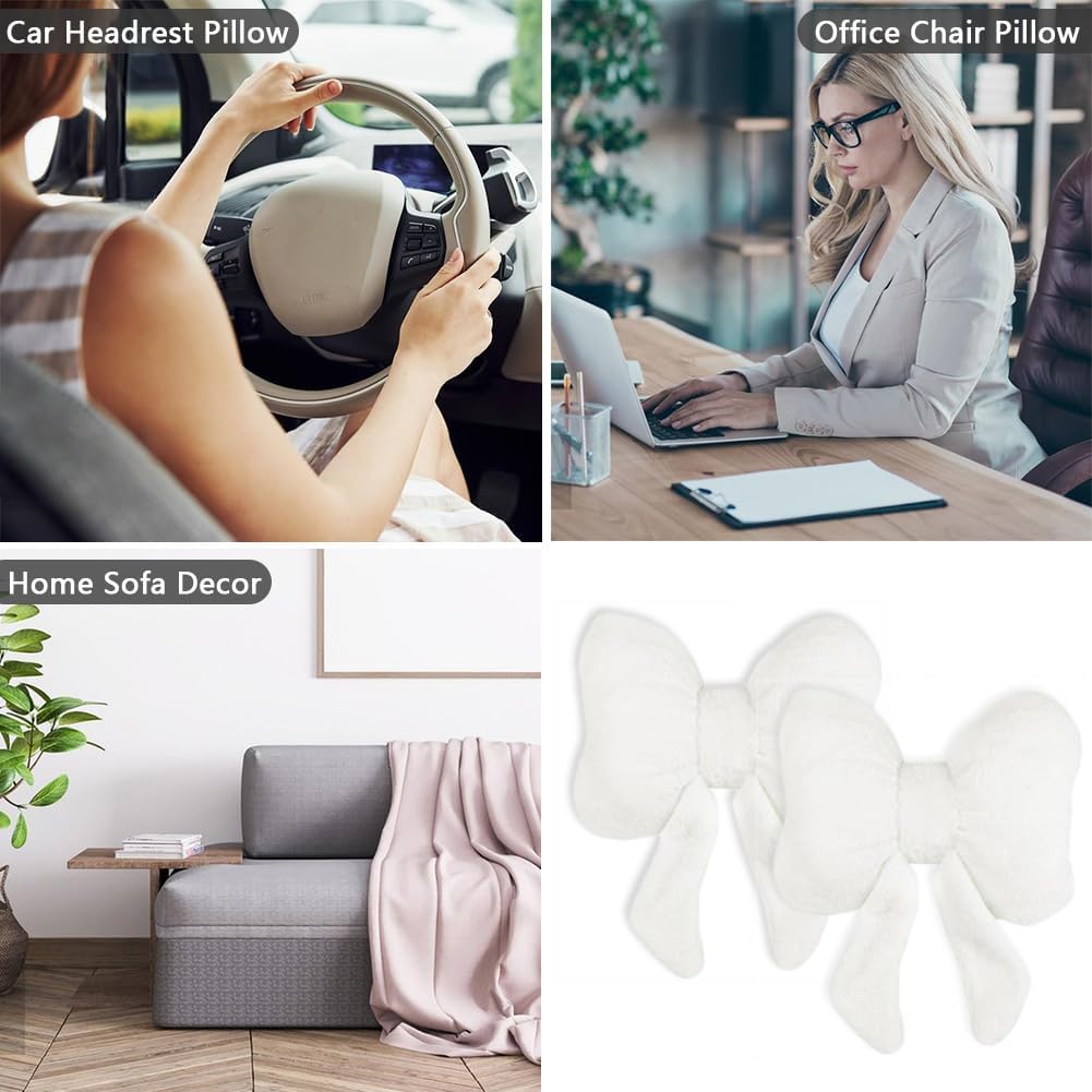 LYFJMUS 4 Pack Plush Bow Car Headrest Pillow and Lumbar Support Pillow Soft Butterfly Car Neck Pillows for Driving Cars Decor