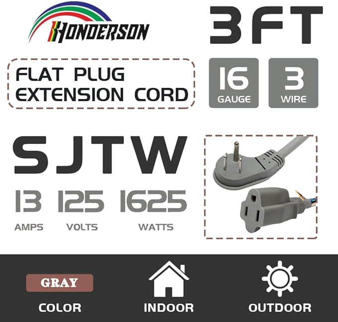 Flat Plug Indoor Extension Cord, UL Certified, 16 Gauge 3FT Grey 3 Prong Heavy Duty, 16/3 SJTW 13A Power Cord for Lights, Appliances, Home