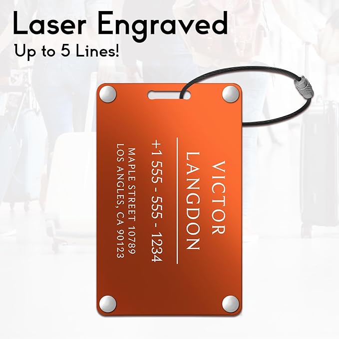 Personalized Luggage Tags for Suitcases - Aluminum Custom Luggage Tags for Backpacks & Bags, Sturdy, Waterproof & Heavy Duty (Orange/Card-Sized)