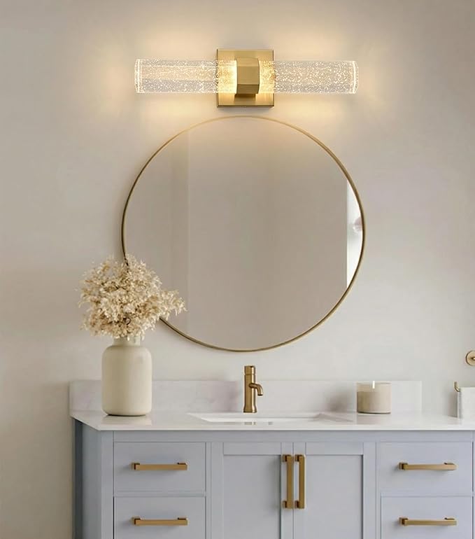 HOLKIRT Gold Bath Vanity Light Crystal Wall Sconce Light 15.7" Modern LED Vanity Wall Light Over Mirror with Seeded Crystal Rods 3000K/4000K/6500K Indoor Wall Lamp for Bathroom Bedroom Hallway