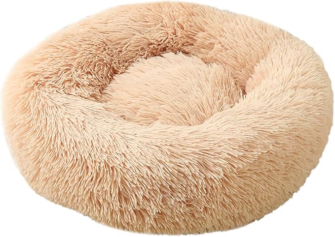 Calming Faux Fur Dog Beds Calming Donut Cuddler Dog Bed Washable Round Cat Bed Pillow Cuddler Fluffy Indoor Dog Calming Beds with Anti Slip Bottom Solid Color Champagne 39 Inch