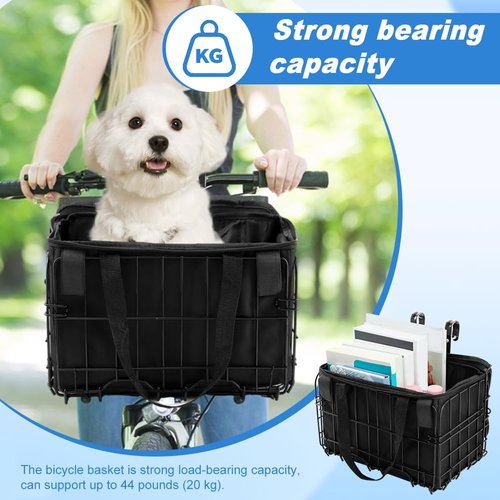 NINEFOX Folding Bike Front Basket with Removable Liner Bag, Black, Steel + Oxford Cloth, Handlebar/Rack Mount, 13.39x7.87x9.06inch, 20kg Capacity