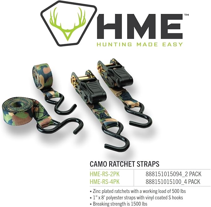 HME Durable Reliable Versatile Weather-Resistant Camouflage Ratchet 1500 lb Capacity 1' x 8' Tie-Down Straps - 4 Pack