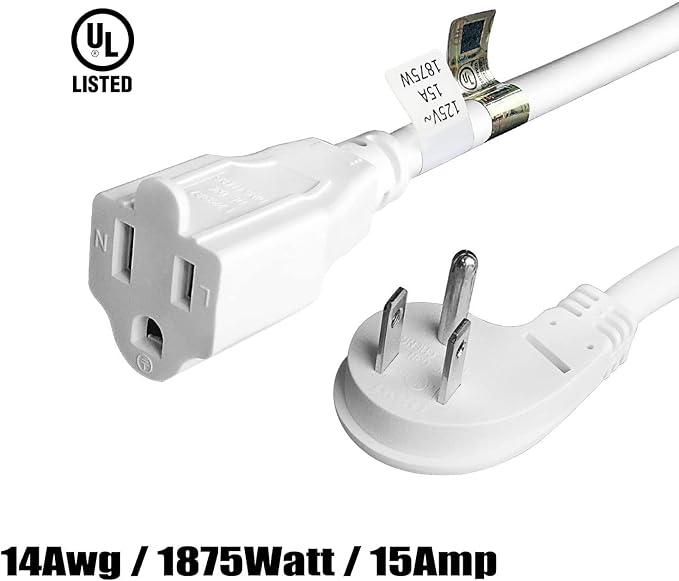 FIRMERST 1875W Low Profile Flat Plug 2Ft Extension Cord 14AWG 15A White UL Listed
