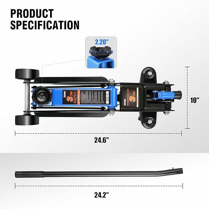 DNA Motoring 3 Ton Low Profile Floor Jack, 3 tons (6000 lbs) Capacity Fast Lift Hydraulic Trolley Service/Floor Jack, 7.7 "-21" Lifting Range, Blue, TOOLS-00674-BL