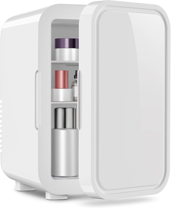 OSTBA Mini Fridge for Skincare, 6 Liter/8 Can 110V AC/ 12V DC Portable Thermoelectric Cooler Refrigerators for Bedroom, Skincare, Beverage, Office, Dorm Room and Car, White