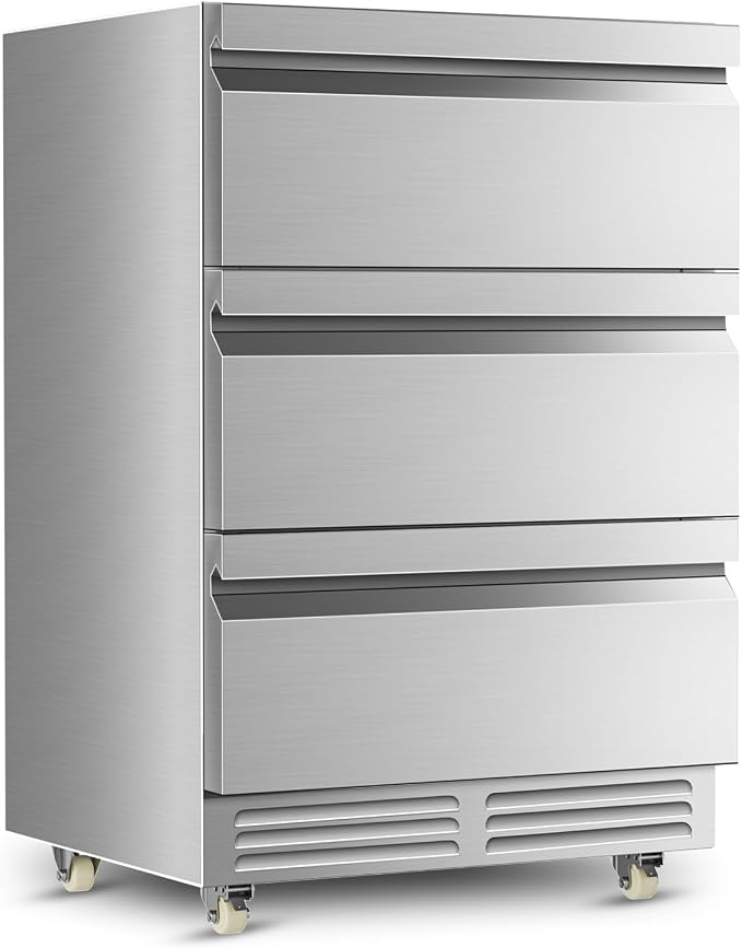 3 Drawers Beverage Refrigerator, 190 Cans 24'' Beverage Fridge with Wheels, Outdoor Waterproof, All Stainless Steel Body, Undercounter or Freestanding, Drink Fridge for Home, Patio & Commercial