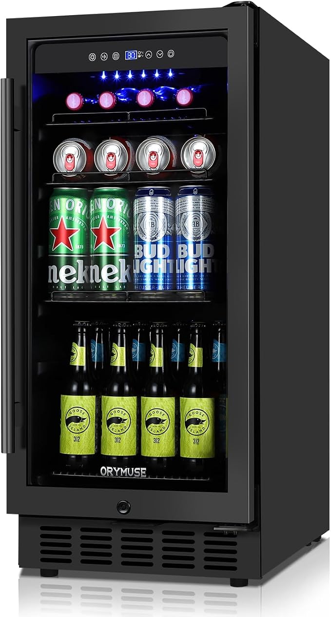 ORYMUS 15 Inch Beverage Refrigerator, 130 Cans Drink Fridge with Glass Door & Lock, Under Counter or Freestanding Beverage Cooler for Soda, Beer & Water, Upgraded Quiet Compressor, Memory Temp, Black
