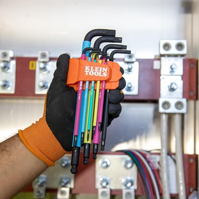 Klein Tools BLS18 Hex Key Wrench Set, Color Coded, SAE and Metric, Heat-Treated, L-Style, Long Arm and Ball End, 1/16-Inch to 3/8-Inch and 1.5 mm to 10 mm, 18-Piece