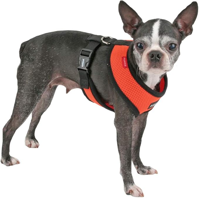 Puppia Soft Dog Harness No Choke Over-The-Head Triple Layered Breathable Mesh Adjustable Chest Belt and Quick-Release Buckle, Orange, Medium