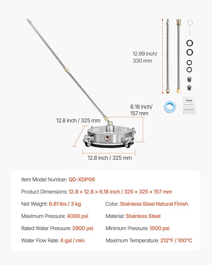 VEVOR 14 Inch Pressure Washer Surface Cleaner, 4000 PSI Stainless Steel Attachment with 4 Wheels, 2 Nozzles, 1/4 Inch Quick Connect and 2 Wands for Concrete, Patio, Deck