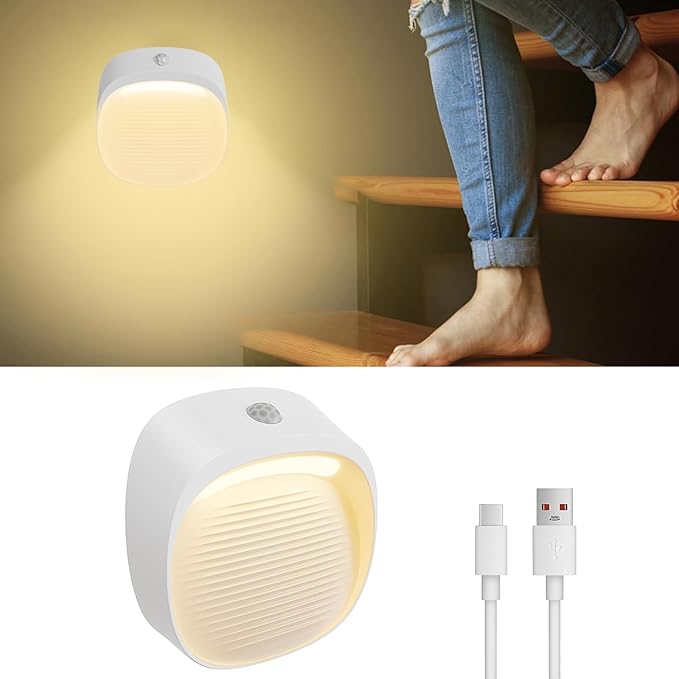Motion Sensor Night Light Rechargeable - Wireless LED Safety Lights with 6-Month Battery Life, Link Mode Technology, 3000K Warm White for Stair, Hallway, Bedroom Safety (1 Pack)