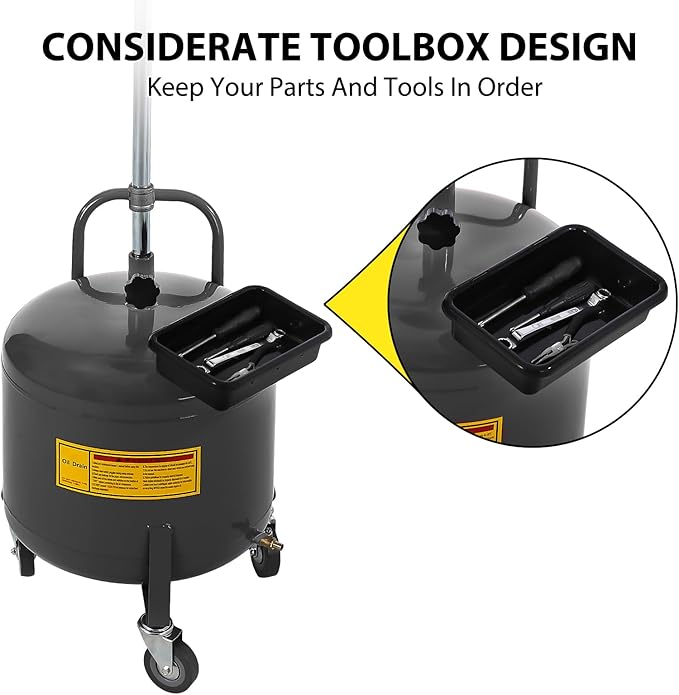 20 Gallon Oil Drain Tank, Fluid Fuel Transfer Tank, Portable Oil Drain Container, Air Operated Drainer with Wheels and a Toolbox, Adjustable Funnel Height (8 Gallon-Black)