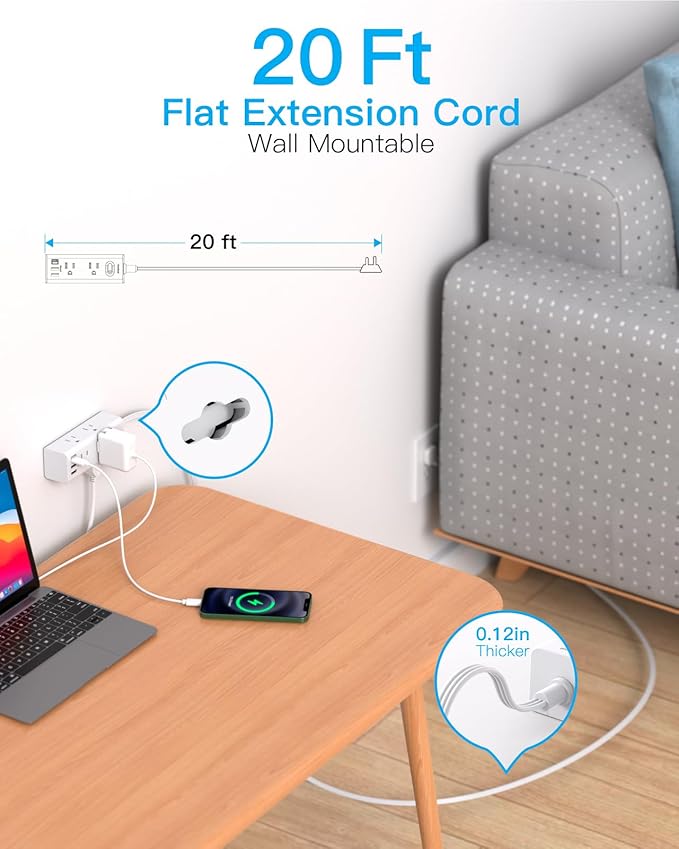 20Ft Extension Cord with Multiple Outlets, Flat Plug Power Strip Surge Protector with 20 Ft Long Cord, 6 Outlet 3 USB Ports (1 USB C), Multi Outlet Wall Plug for Travel, College, Dorm Room Essentials