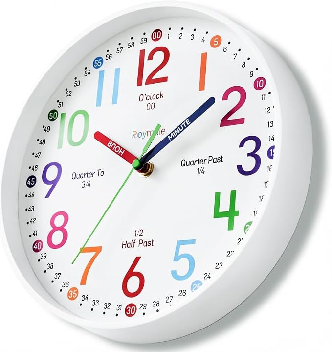 Roymnie Wall Clock 8 Inch for Kids Learning to Tell Time Easily Non Ticking