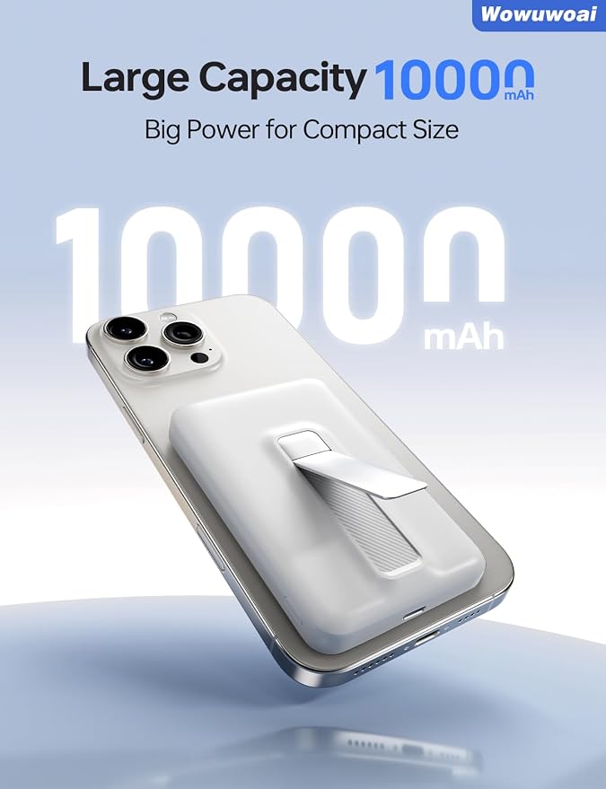 for Magsafe Portable Charger, 10000mAh Wireless Power Bank with Stand, USB C PD 20W Fast Charging Powerbank, Magnetic Battery Pack Compatible for iPhone 17/16/15/14/13/12 Series - White