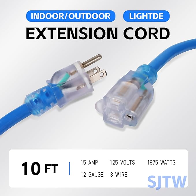 EP 10 Ft Outdoor Extension Cord, 12/3 SJTW Heavy Duty Waterproof Power Cable, 3 Prong Grounded Plug, Lighted End, for Lawn, Garden, Appliances, Blue