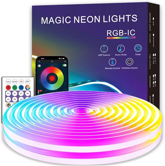 16.4ft LED Neon Rope Lights, RGB Plus IC Strip Lights, IP68 Waterproof Flexible Rope Light with APP and Remote Control, Dimmable Neon Strip for Gaming Room Living Room Bedroom Indoor Outdoor Decor