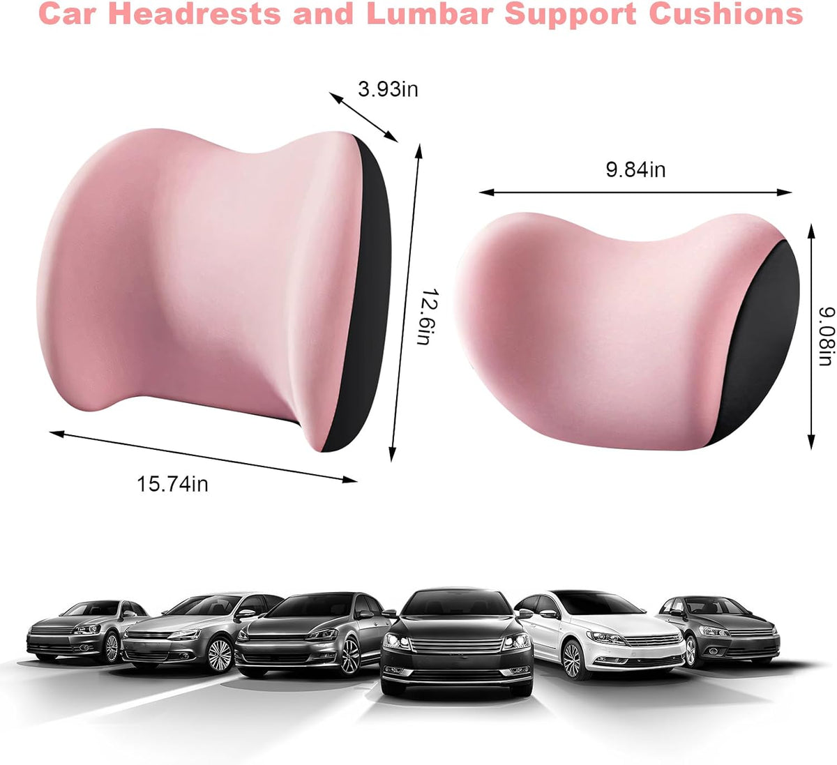 2 PCS Car Headrest & Lumbar Support Cushion, Breathable Memory Foam Auto Neck Lumbar Support Pillow w/Adjusatble Strap, Ergonomic Vehicle Seat Headrest Neck Rest Cushion (Pink)