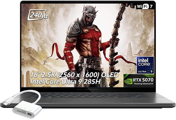 ASUS ROG Zephyrus 16 Gaming Laptop, 16" Nebula OLED 2.5K 240Hz, NVIDIA GeForce RTX 5070, Intel Core Ultra 9 285H, 16GB RAM 2TB SSD, Wi-Fi7, Backlit KB, Win11, Eclipse Gray, w/USB Hub, W/GaLiMu