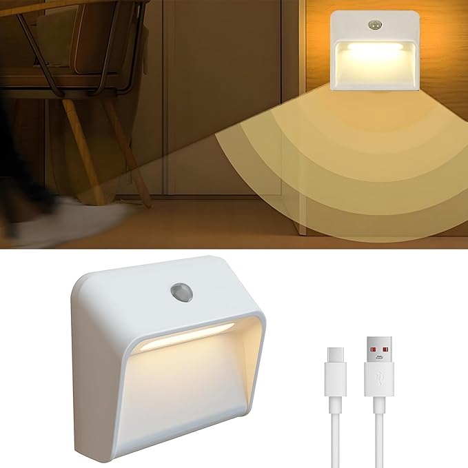 Rechargeable Motion Sensor Night Light - 2200mAh Battery Stair Lights Indoor, 3000K, Linkage Mode, for Bedroom Hallway Bathroom Wall - 3 Brightness Levels