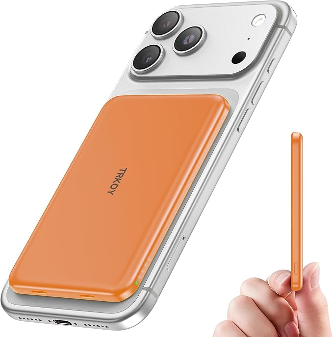 TRKOY for Magsafe Portable Charger,5000mAh Wireless Magnetic Power Bank with USB C Charging,Travel Essential for Magsafe Battery Pack Compatible with iPhone 17/16/15/14/13/12,Cosmic Orange