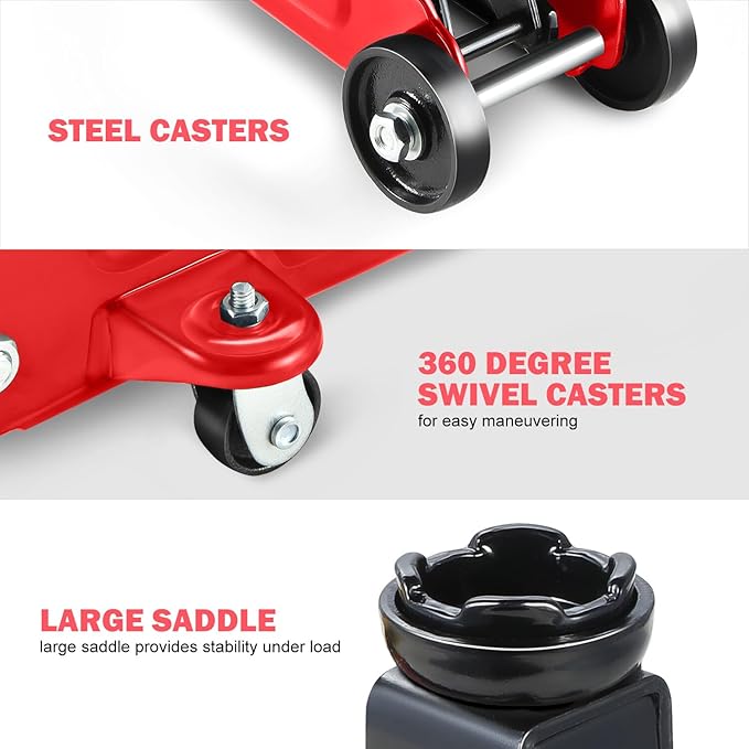 DNA Motoring 1.5 Ton Car Floor Jack Low Profile Hydraulic Trolley Service/Floor Jack, 1.5T / 3000 lbs Capacity, Lifting Range 5.3 Inch -12 Inch, with Storage Case, Red, TOOLS-00326