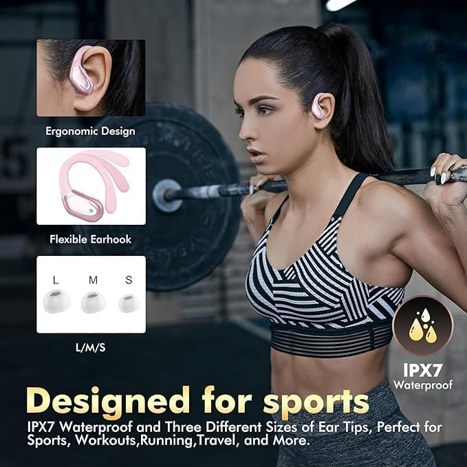 HAOYUYAN Wireless Earbuds, Sports Bluetooth Headphones, 80Hrs Playtime Ear Buds with LED Power Display, Noise Canceling Headset, IPX7 Waterproof Earphones for Workout/Running (Pink)